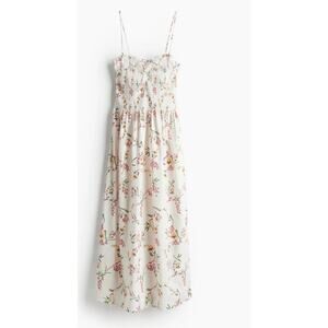 H&M Smocked Floral Cottagecore Midi Dress Cream Strappy Size M
